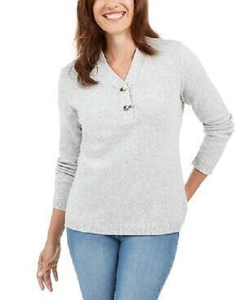 Karen Scott Women's Cotton Marled Henley Sweater Natural Size Small