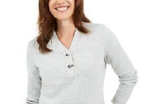 Karen Scott Women's Cotton Marled Henley Sweater Natural Size Small