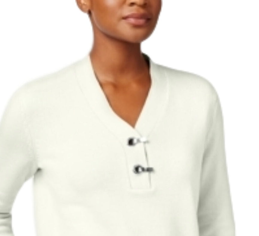 Karen Scott Women's Hardware-Trim Cotton Henley Sweater Natural Size Petite Small