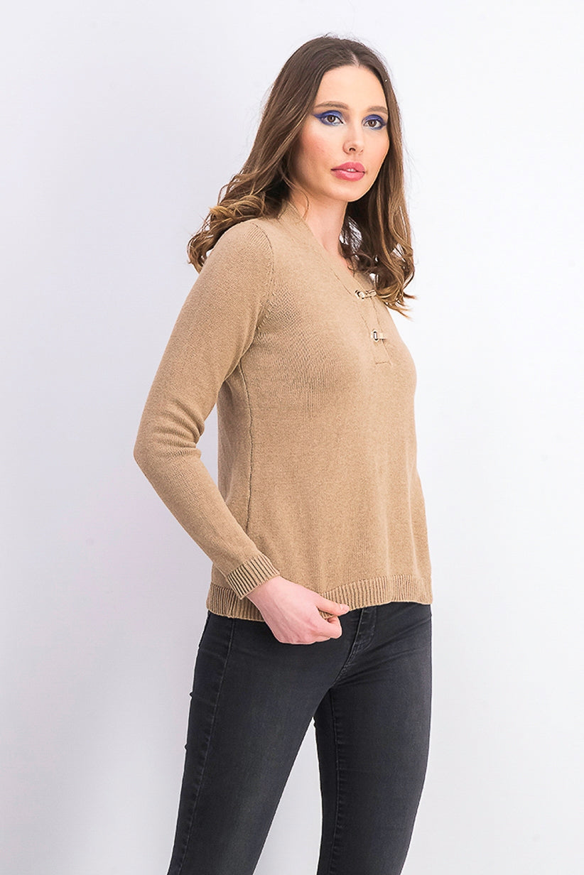 Karen Scott Women's Cotton Toggle Henley Sweater Brown Size Petite Small