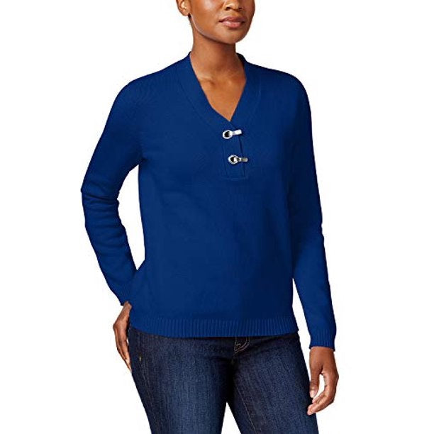 Karen Scott Women's Cotton Toggle Henley Sweater Bright Blue Size Petite Small