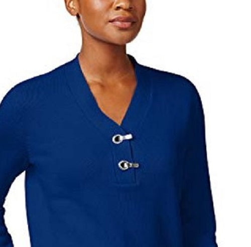 Karen Scott Women's Cotton Toggle Henley Sweater Bright Blue Size Petite Small