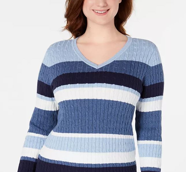 Karen Scott Women's Cotton Striped Cable Knit Sweater Blue Size Petite Medium