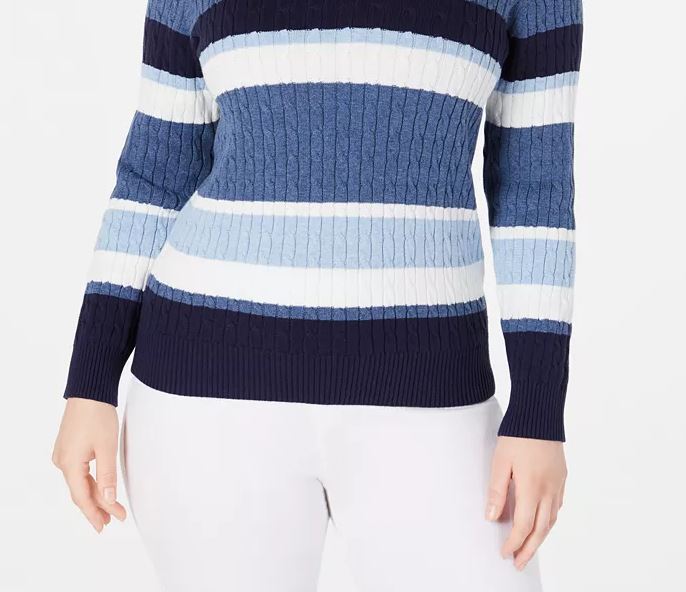 Karen Scott Women's Cotton Striped Cable Knit Sweater Blue Size Petite Medium