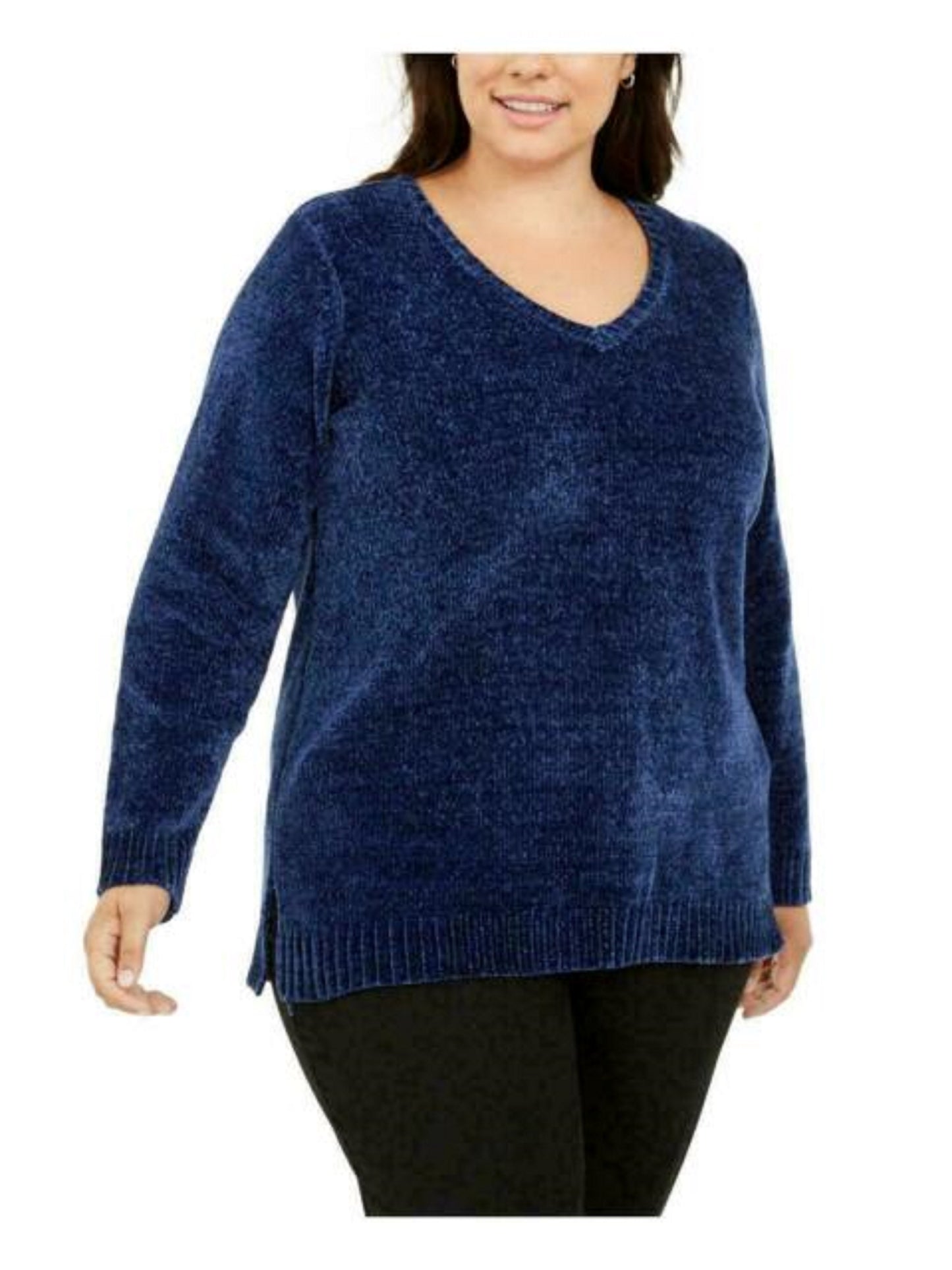 Karen Scott Women's V-Neck Chenille Sweater Dark Blue Size Extra Large