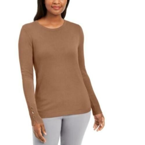 JM Collection Women's Button-Cuff Crewneck Sweater Brown Size X-Large