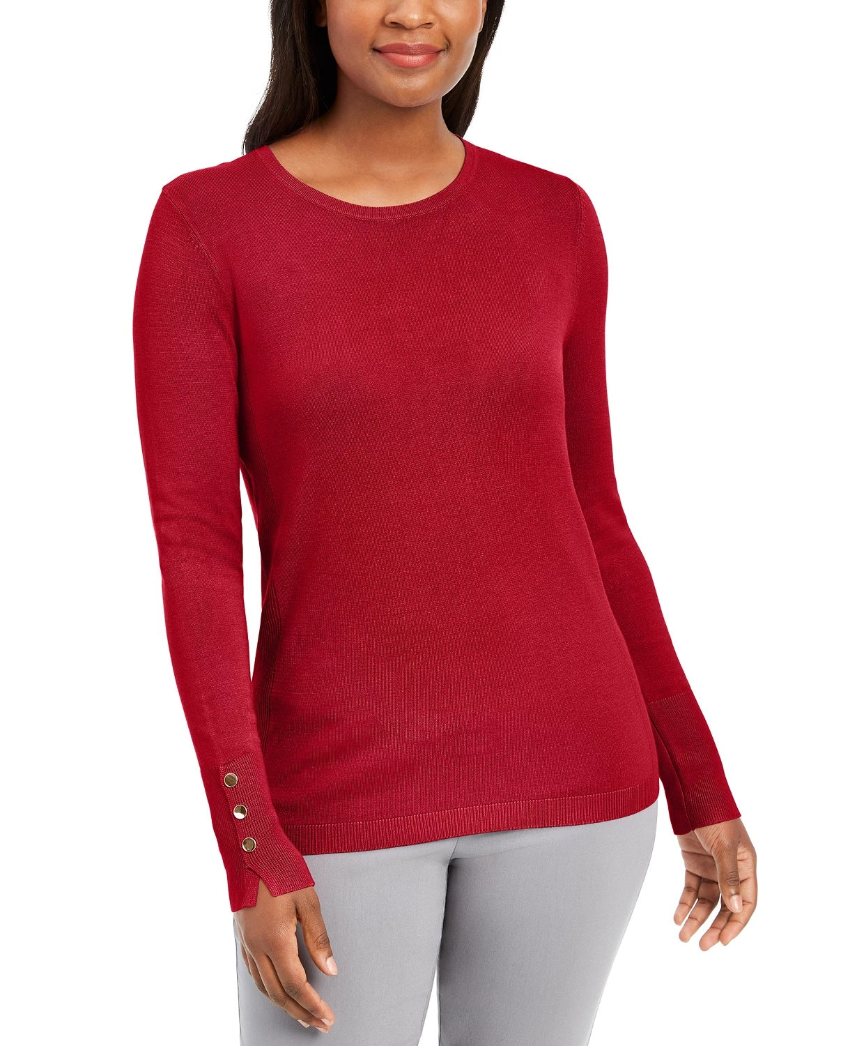 JM Women's Collection Button-Cuff Crewneck Sweater Medium Red Size Small