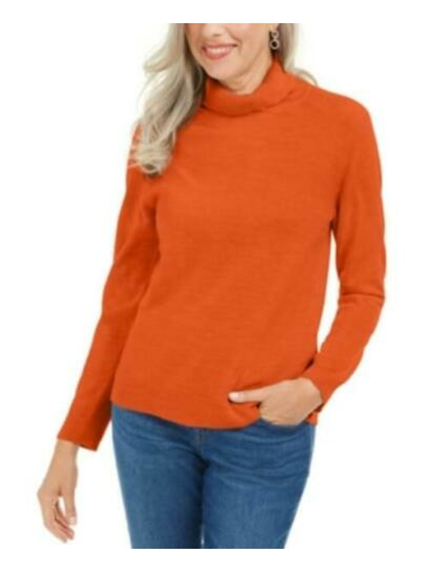 Karen Scott Women's Ribbed Solid Long Sleeve Turtle Neck Blouse Sweater Orange Size Petite Medium
