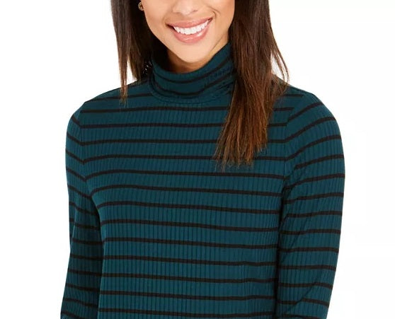 Charter Club Women's Striped Turtleneck Top Dark Green Size Small
