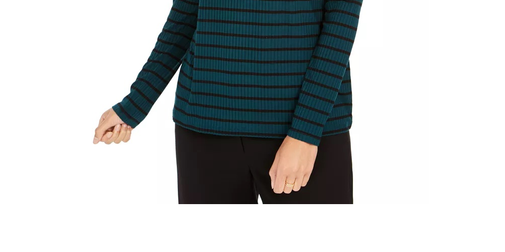 Charter Club Women's Striped Turtleneck Top Dark Green Size Small