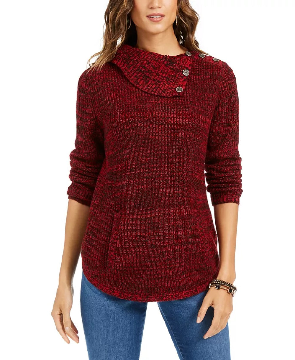 Style & Co Women's Envelope Neck Kangaroo Pocket Knit Sweater Red Size X-Small