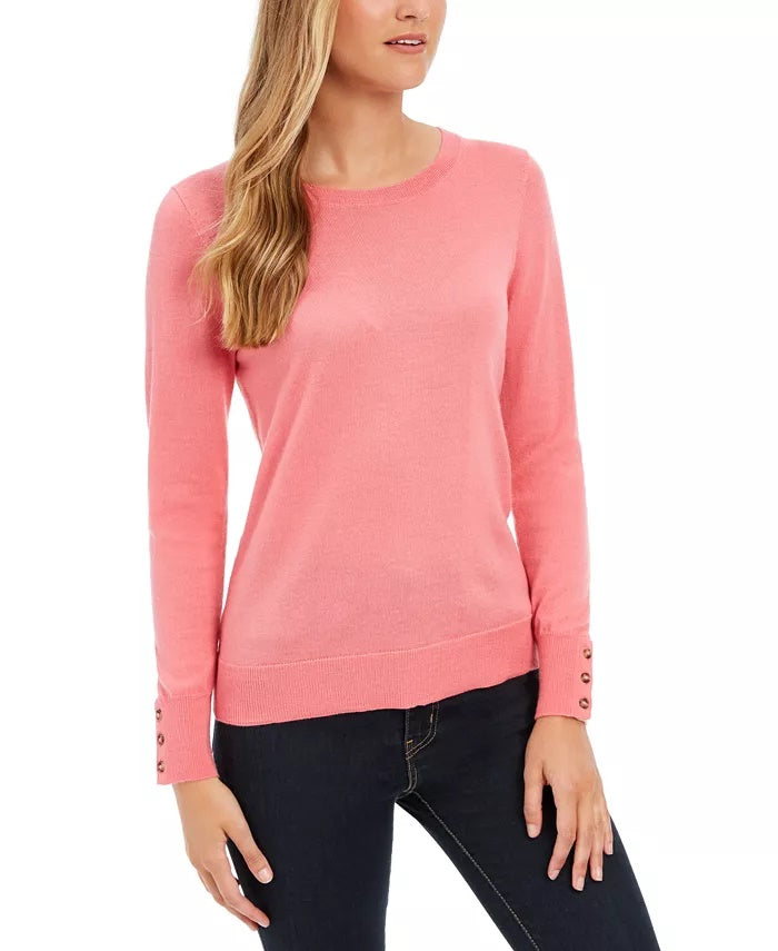 Charter Club Women's Merino Wool Button Cuff Crewneck Sweater Pink Size X-Large