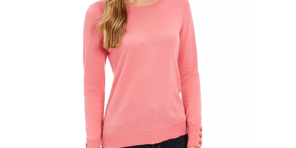 Charter Club Women's Merino Wool Button Cuff Crewneck Sweater Pink Size X-Large