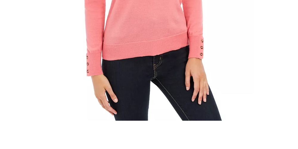 Charter Club Women's Merino Wool Button Cuff Crewneck Sweater Pink Size X-Large