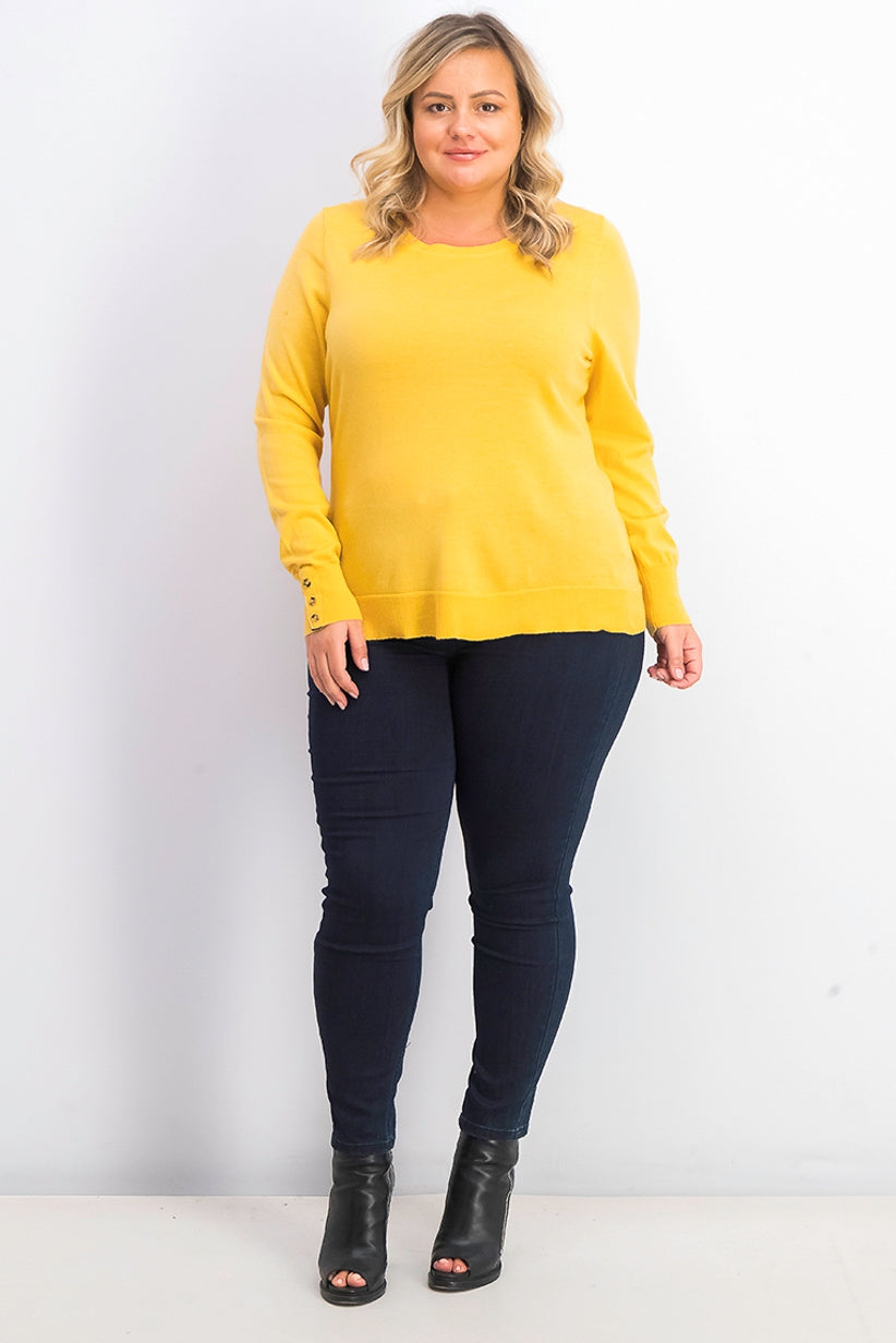 Charter Club Women's Merino Wool Button-Cuff Crewneck Sweater Gold Size Large