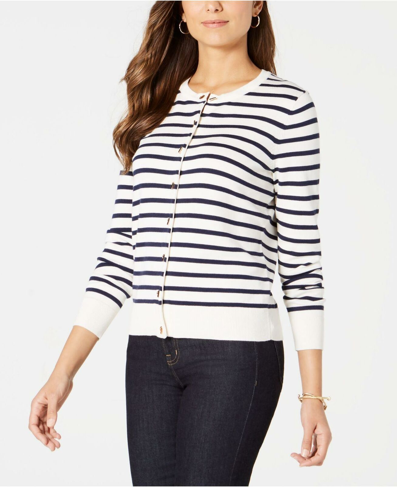 Charter Club Women's Striped Grommet-Trim Cardigan Sweater White Size X-Large