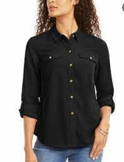 Charter Club Women's Two-Pocket Shirt Black Size Medium