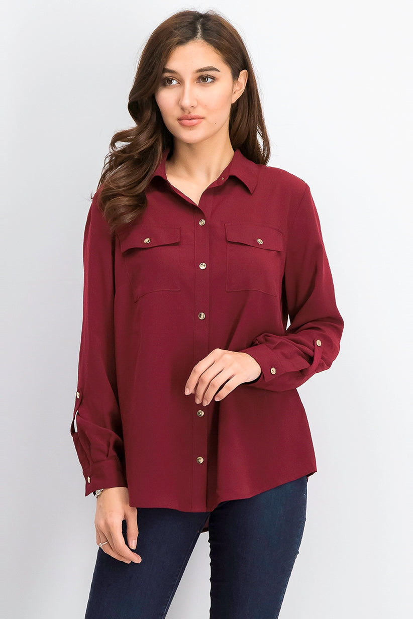 Charter Club Women's Two-Pocket Shirt Wine Size Small