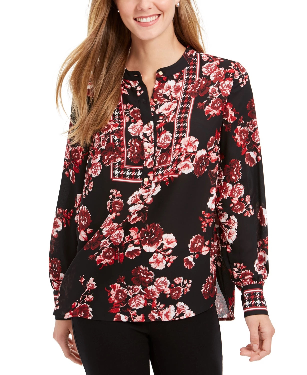 Charter Club Women's Printed Banded-Collar Blouson Top Red Size Medium