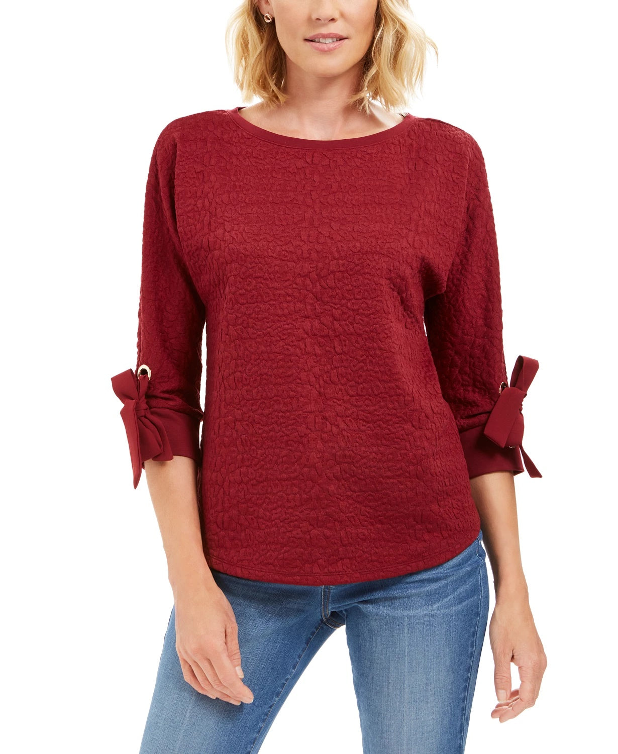 Charter Club Women's Textured Tie Cuff Top Wine Size Large