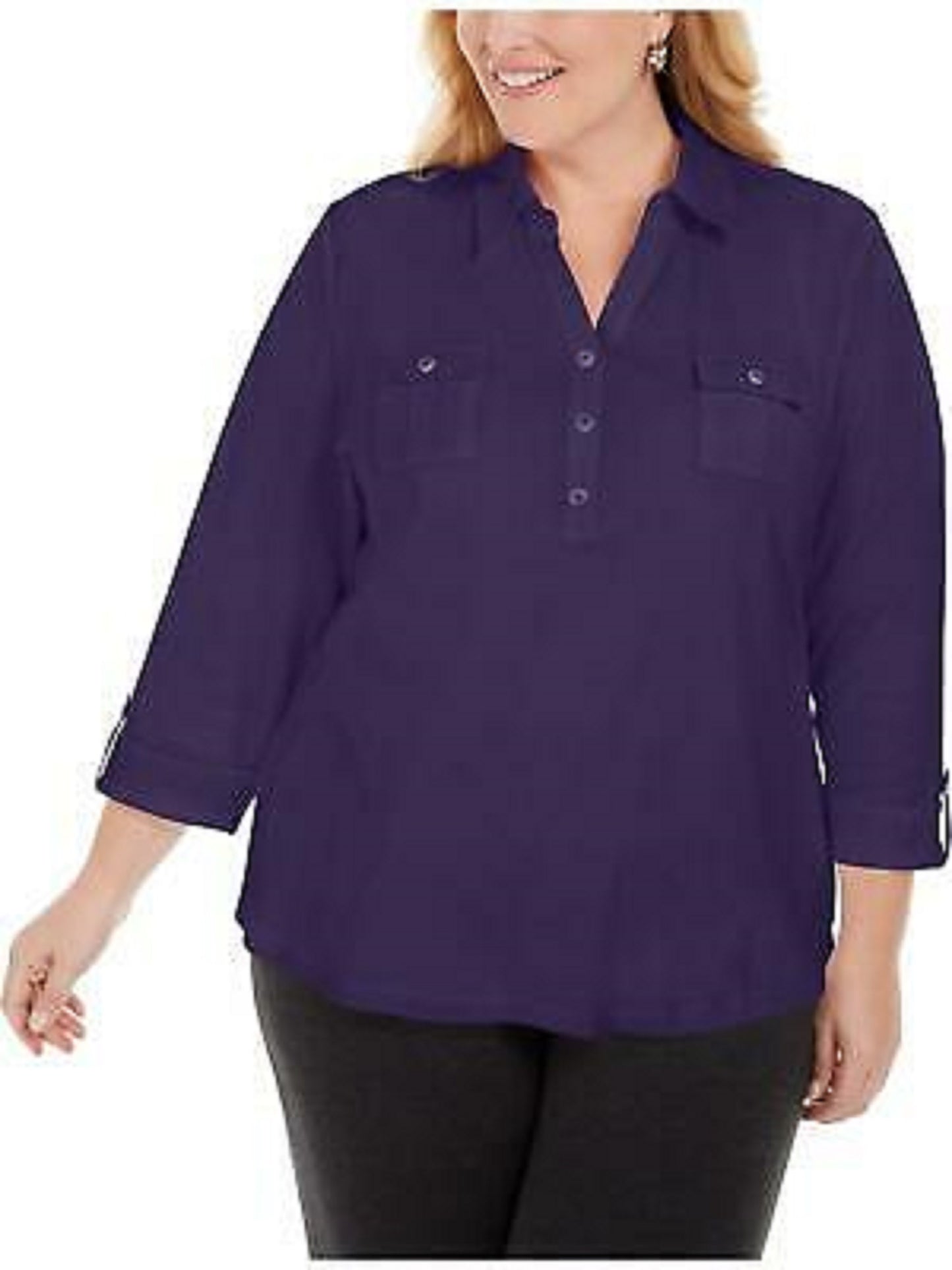 Karen Scott Women's Cotton Johnny-Collar Utility Shirt Dark Blue Size Medium