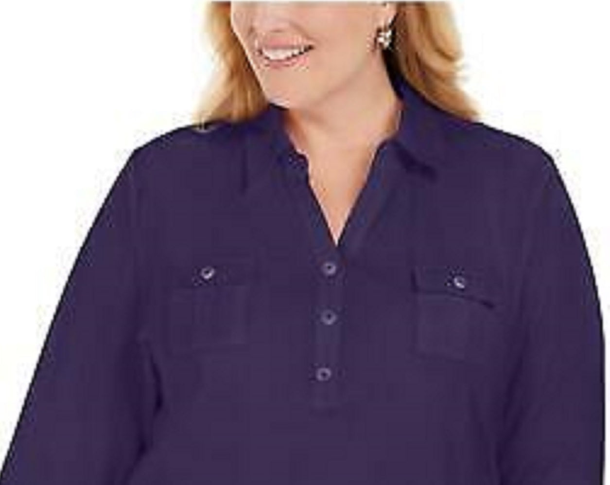 Karen Scott Women's Cotton Johnny-Collar Utility Shirt Dark Blue Size Medium
