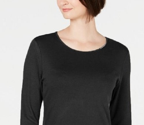 Karen Scott Women's Satin-Trim Scoop-Neck Top Black Size Medium
