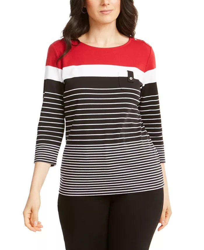 Karen Scott Women's Sport Striped Button Shoulder Top Red Size Medium