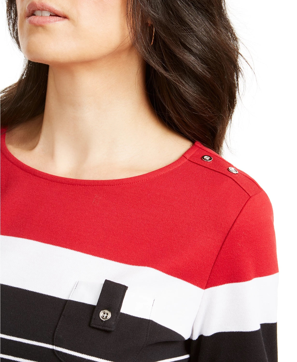 Karen Scott Women's Sport Striped Button Shoulder Top Red Size Medium