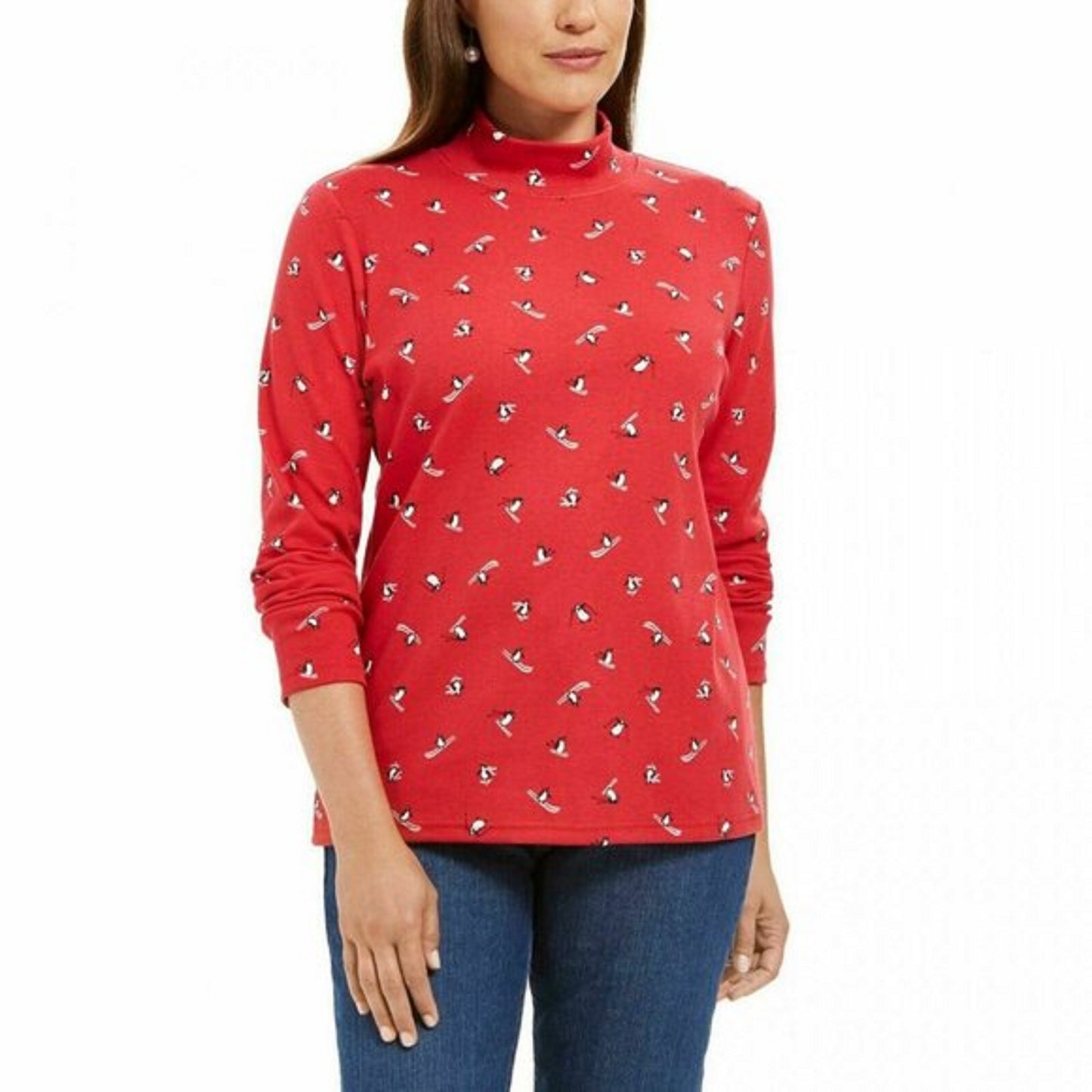 Karen Scott Women's Skiing Penguins Printed Mock-Neck Top Bright Red Size Medium