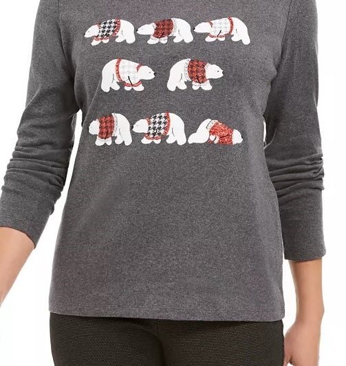 Karen Scott Women's Polar Parade Embellished Cotton Top Charcoal Size Large