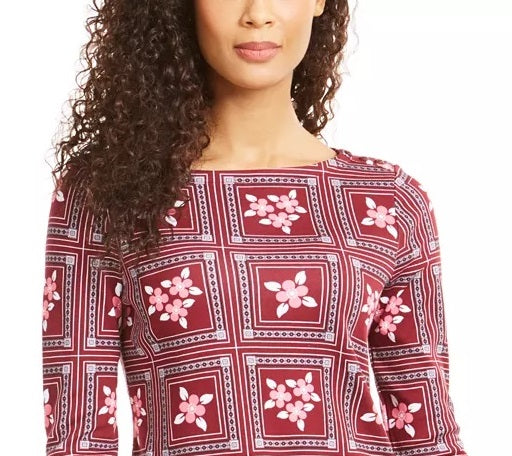 Charter Club Women's Printed 3/4-Sleeve Cotton Top Red Size Petite Medium
