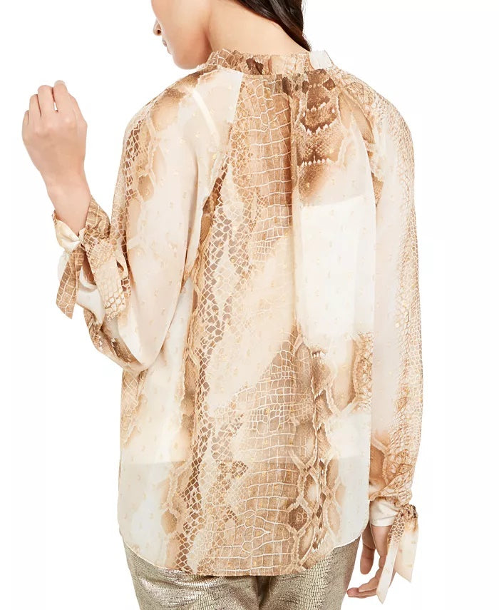 Alfani Women's Snake Embossed Tie Sleeve Top Beigekhaki Size Medium