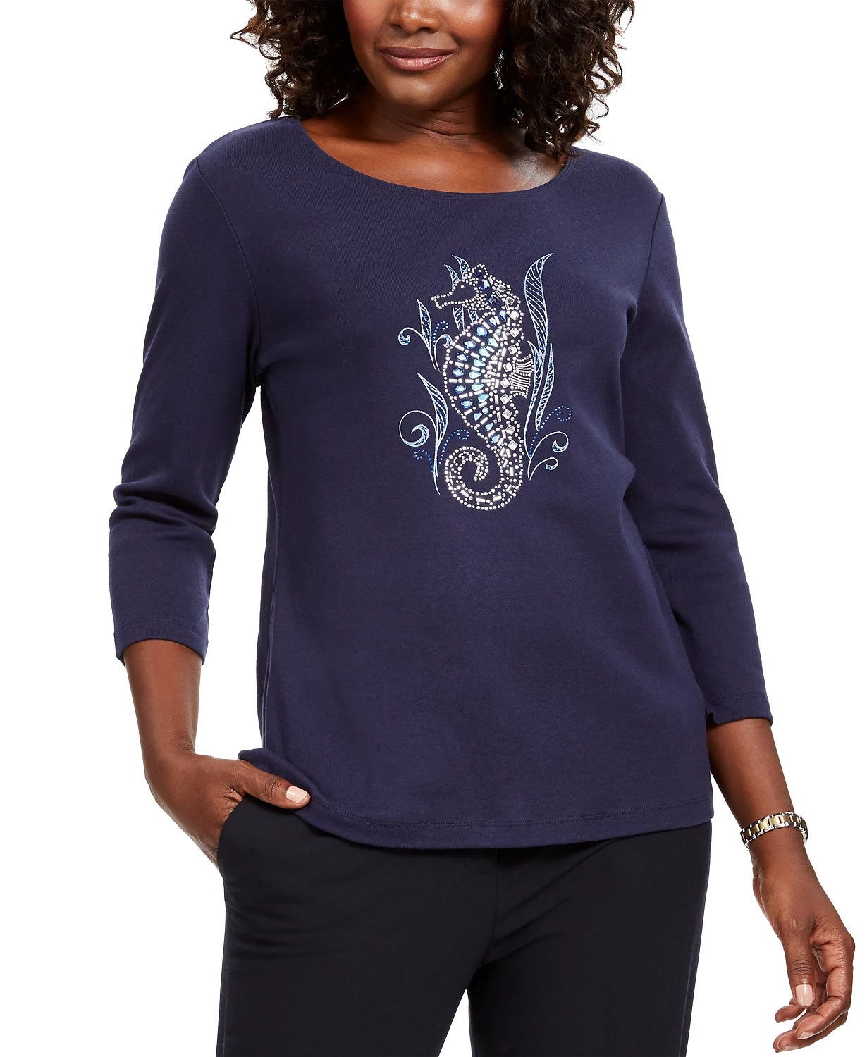 Karen Scott Women's Embellished Seahorse Top  Navy Size Small