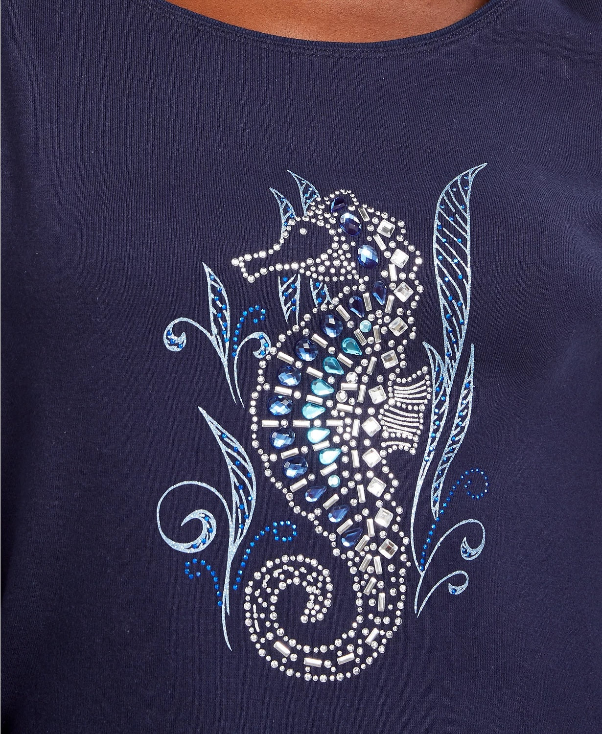 Karen Scott Women's Embellished Seahorse Top  Navy Size Small