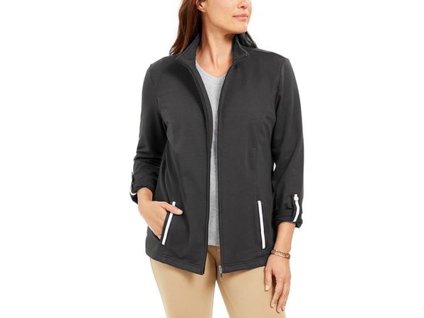 Karen Scott Women's Sport French Terry Ribbon-Trim Jacket Black Size Medium