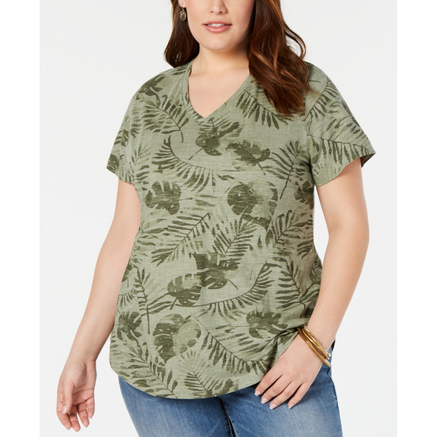 Style & Co Women's Printed V Neck T-Shirt Green Size Medium