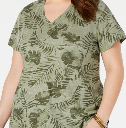 Style & Co Women's Printed V Neck T-Shirt Green Size Medium
