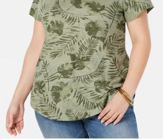 Style & Co Women's Printed V Neck T-Shirt Green Size Medium
