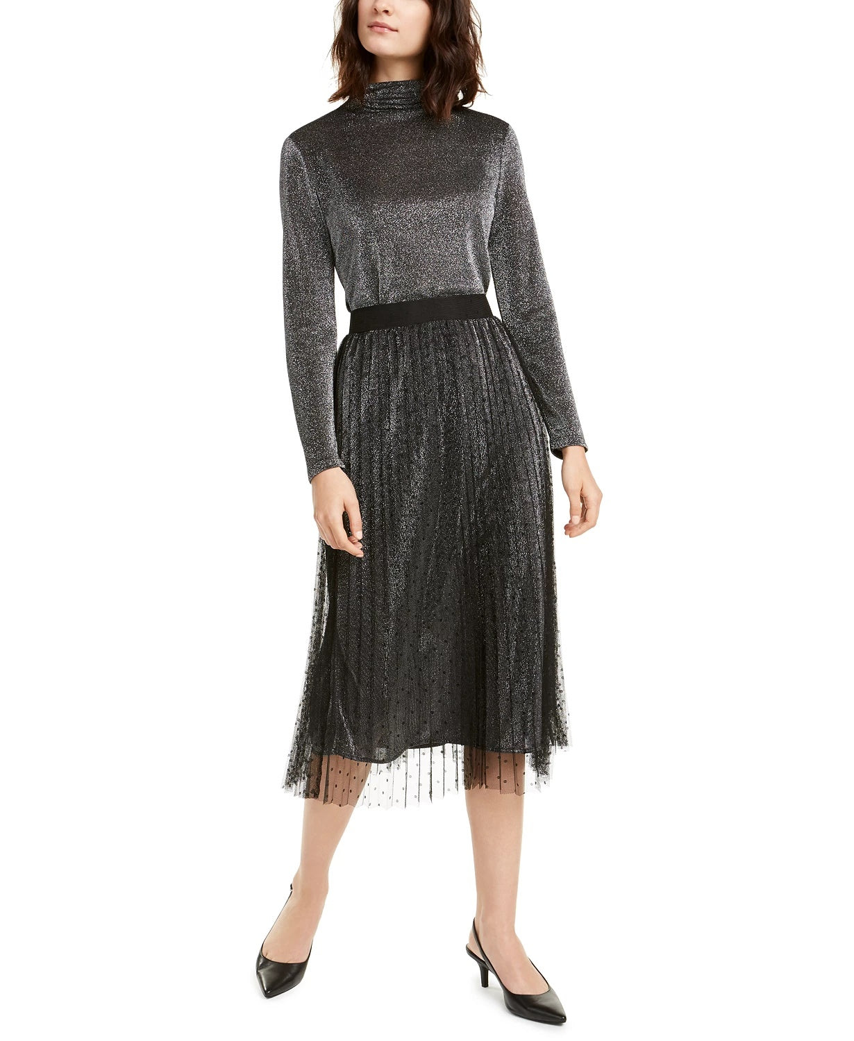Alfani Women's Swiss-Dot Metallic Midi Skirt Dark Gray Size Petite Small