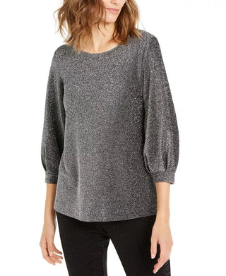 Alfani Women's Metallic-Knit Bishop-Sleeve Top Gray Size Small