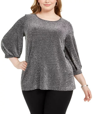 Alfani Women's Metallic Bishop Sleeve Top Grey Size 1X