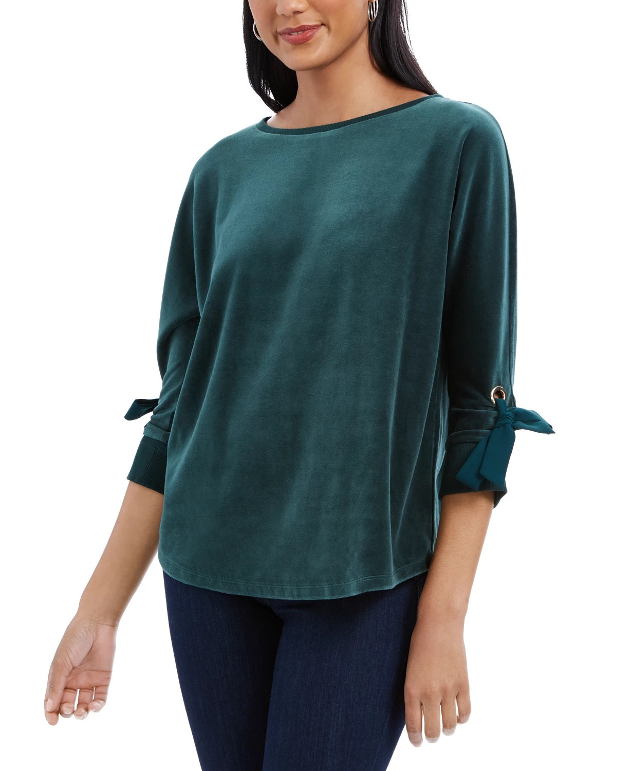 Charter Club Women's Velvet Tie-Sleeve Top Dark Green Size X-Small