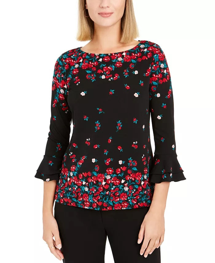 Charter Club Women's Floral Print Bell Sleeve Blouse Black Size XX-Large