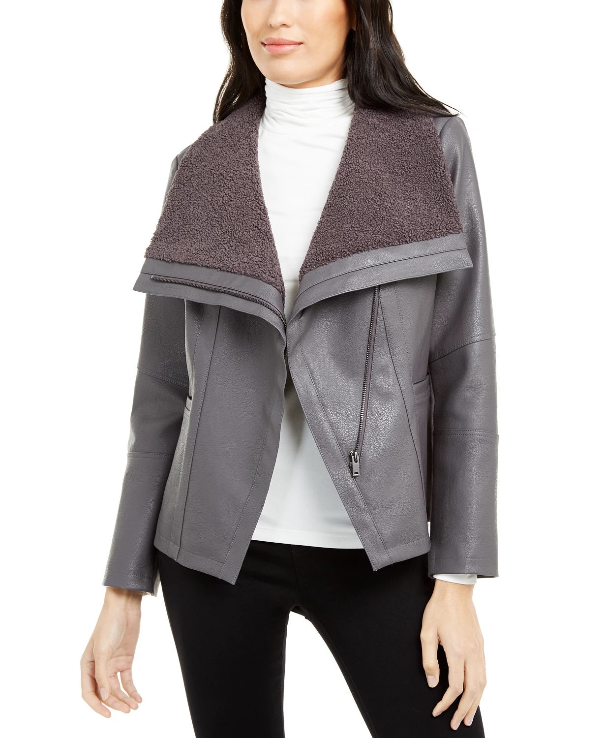 Alfani Women's Faux-Leather Fleece-Trim Jacket Gray Size X-Large