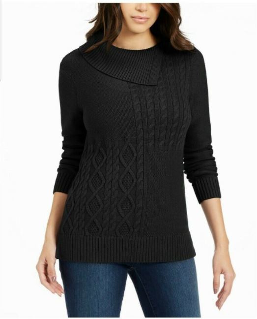 Charter Club Women's Patchwork Stitch Asymmetrical Collar Sweater Black Size Small