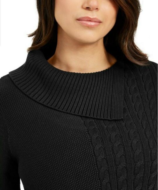 Charter Club Women's Patchwork Stitch Asymmetrical Collar Sweater Black Size Small
