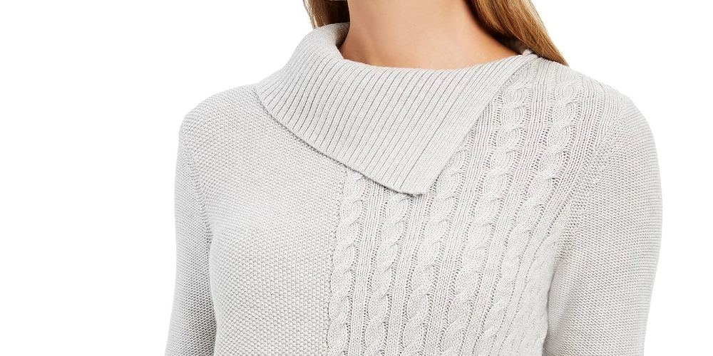 Charter Club Women's Patchwork-Stitch Asymmetrical-Collar Sweater Gray Size Large