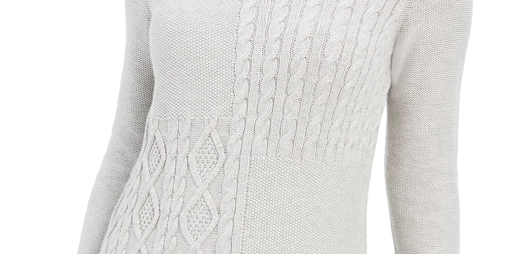 Charter Club Women's Patchwork-Stitch Asymmetrical-Collar Sweater Gray Size Large
