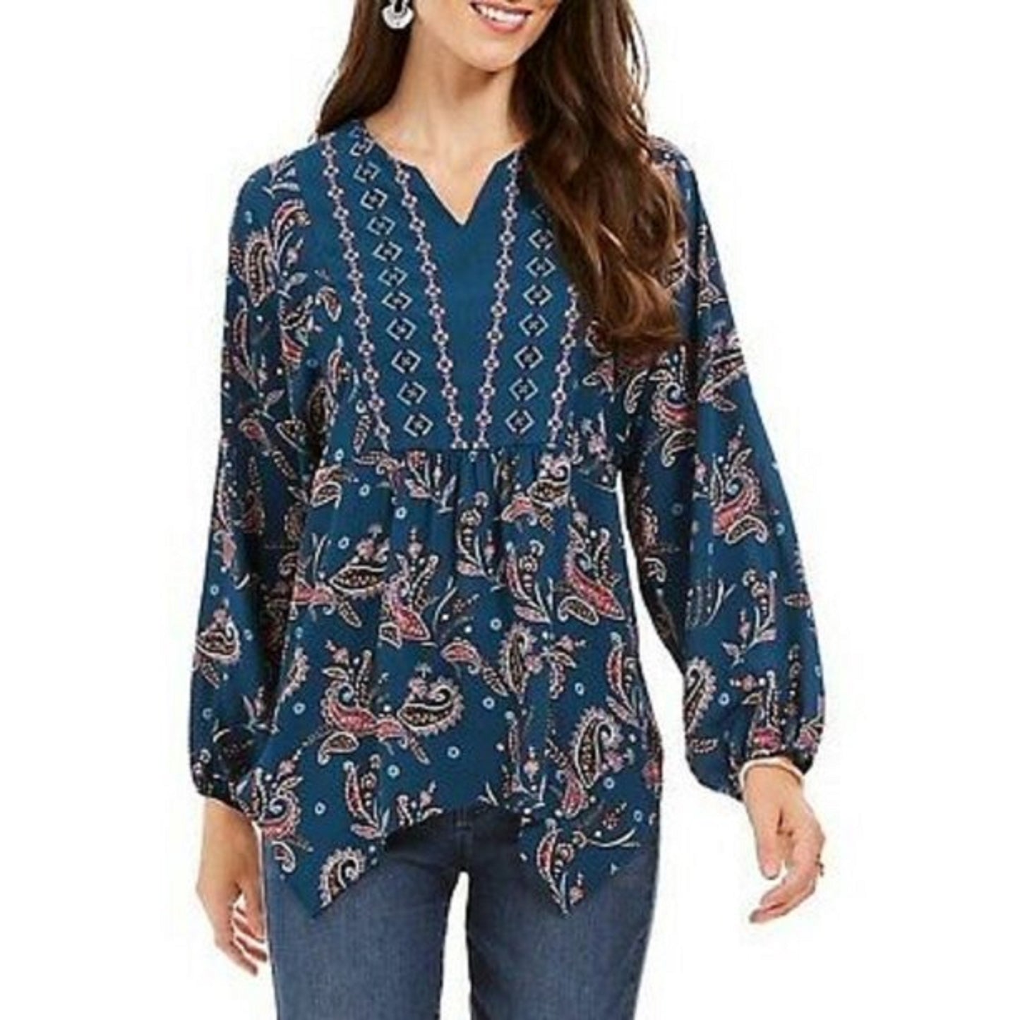 Style & Co Women's Printed Handkerchief-Hem Peasant Top Green Size Extra Small